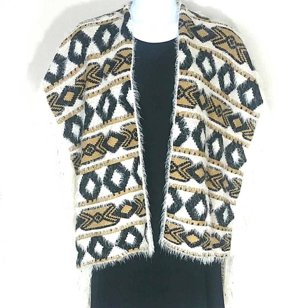 Southwest Ruana Wrap Poncho Blanket Shawl Fringe Black Tan Ivory XL NWT